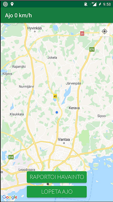 Vi i Metsään Tie -mobilappen. I appen kan man rapportera observationer.