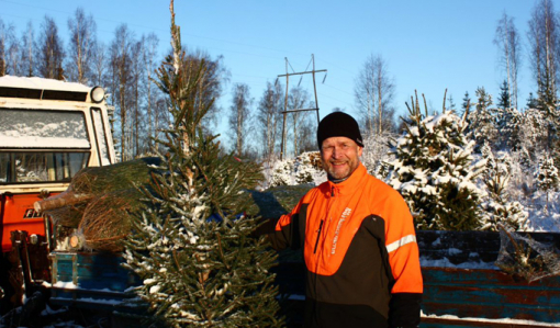 Antti Heikkilä står och håller i en julgran ute på vintern. Bakom honom syns en liten traktor och en ellinje.