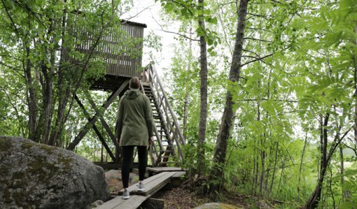 En person med ryggen vänd mot kameran går mot ett fågeltorn på sommaren.