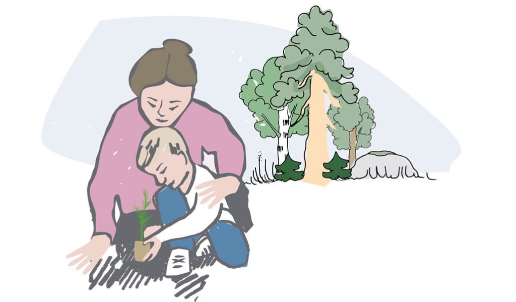 En teckning på en kvinna och ett barn som planterar ett träd tillsammans. I bakgrunden syns skog.