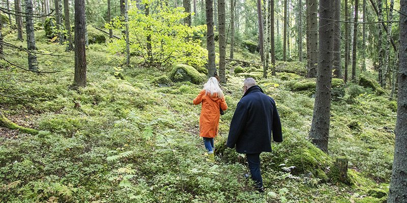 Två personer går i skogen.