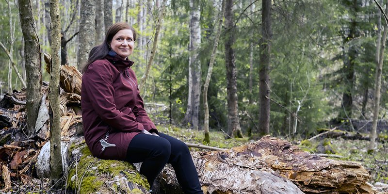 Mari Lilja sitter på död ved i skogen.