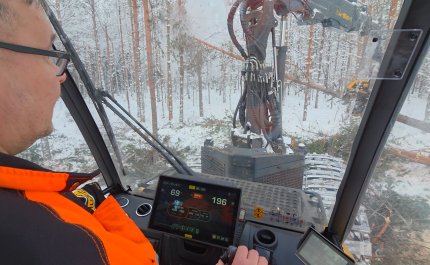 En bild på avverkningsmaskinens förarhytt. Maskinen fäller träd i vinterskogen.