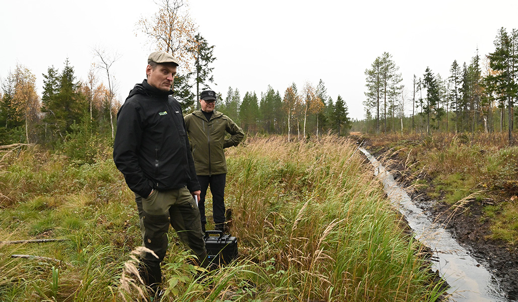 Ville Koukkari och Heikki Mosorin tittar på ett dike som leder till myren.