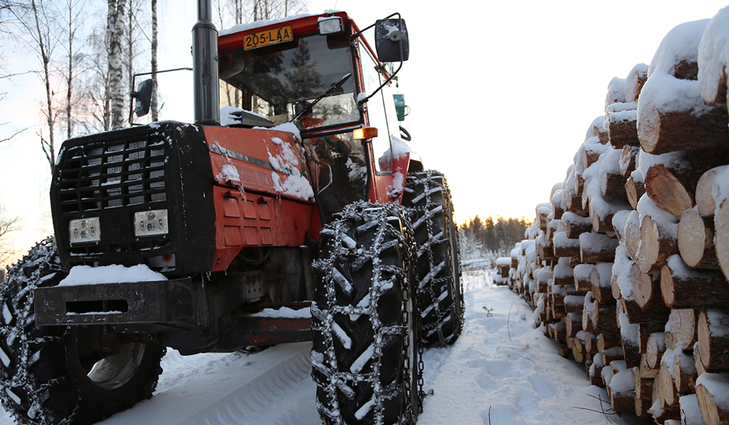 En röd skogstraktor med snökedjor vid ett avlägg.