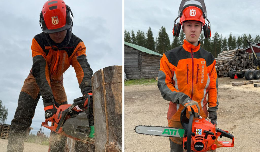 Juho Kemppainen sågar en eldstubb och på bilden bredvid tittar han in i kameran. 