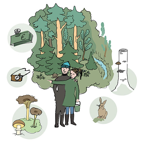 En teckning med ett skogsägarpar i mitten, kvinnan med en bärhink i handen. Bakom dem har det ritats skog och runt omkring dem tankebubblor med med olika saker som skogen kan ge: pengar, svampar, en kamera att fotografera med, en hare och en högstubbe.