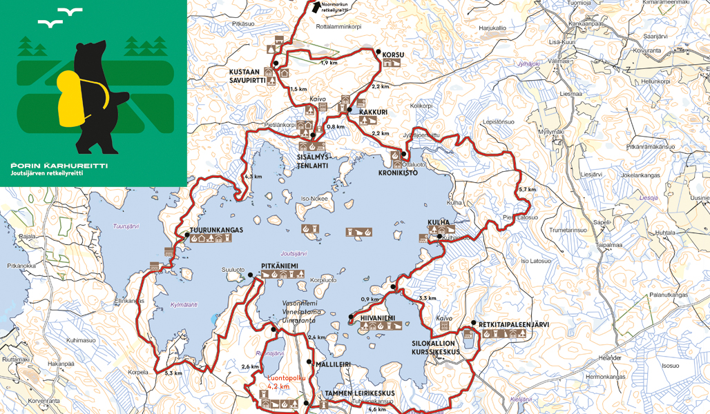 En friluftskarta över en led runt Joutsijärvi i Björneborg.