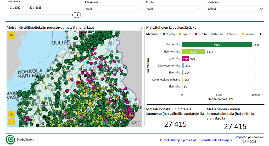 Skärmdump på karttjänsten Metsätuhohakkuut. Bekämpningsavverkningar mär märkta med bollar på kartan.