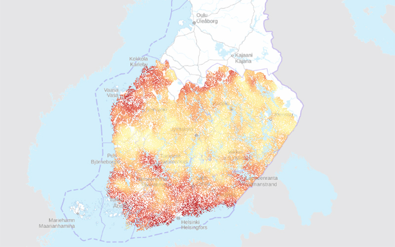 Skärmdump av Naturresursinstitutets karttjänst som visar riskområden för spridning av rotticka. 