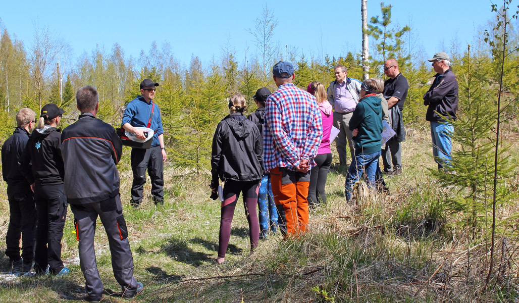 En grupp på över tio personer som ska plocka graskott har samlats i ring runt Arto Pulkkinen för att få intruktioner. I bakgrunden syns plantskog.