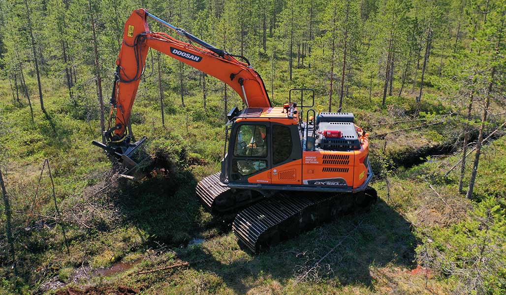 Grävmaskinen täpper till ett dike i en torvmarksskog på sommaren.