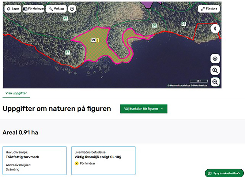 Skärmbild från MinSkog.fi som visar en karta och information om en viktig livsmiljö