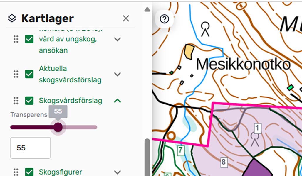Skärmbild av MinSkog.fi-tjänsten. På bilden syns listan över kartlager på tjänstens karta.
