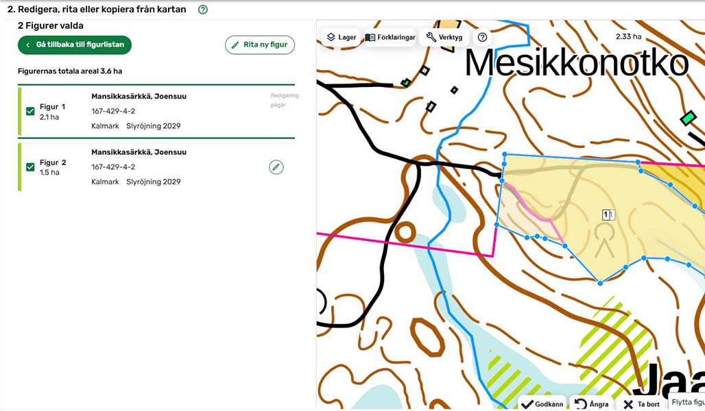 Skärmbild av MinSkog.fi-tjänsten. På bilden syns en figur som redigeras på tjänstens karta. Dessutom syns knappen Rita ny figur.