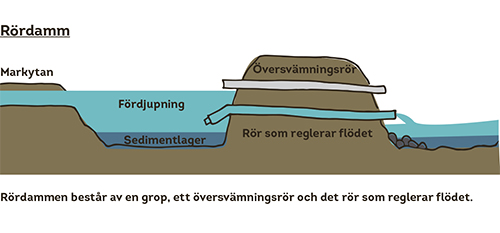 Tecknad genomskärningsbild på en rördamm. Dammen består av en bgrop, ett översvämningsrör och ett rör som reglerar flödet.
