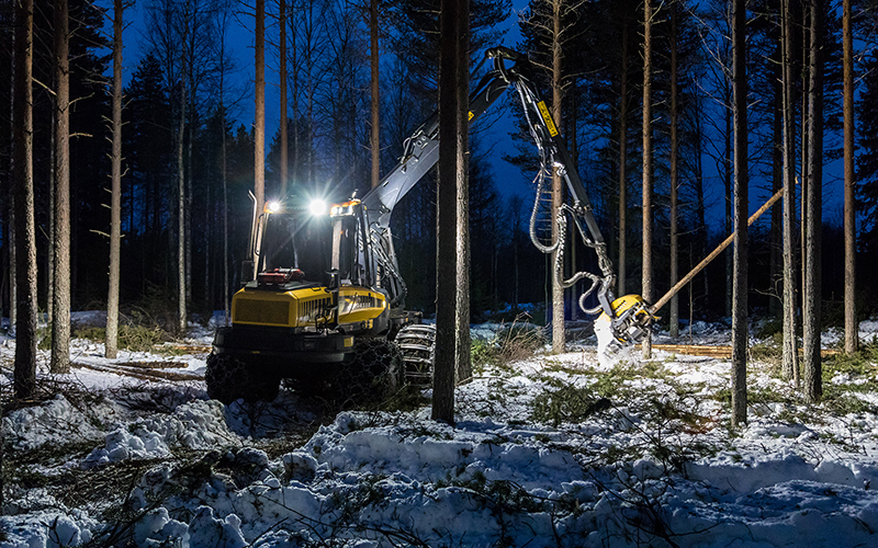 En avverkningsmaskin gallrar skogen på vintern i skymningen. 