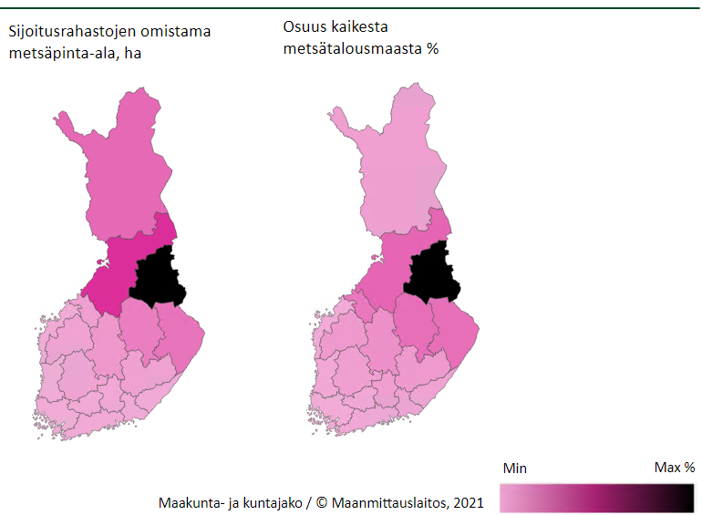 Kuvassa sijoitusrahastojen omistama metsäpinta-ala hehtaareina ja osuus metsätalousmaasta prosentteina Suomen kartalla 