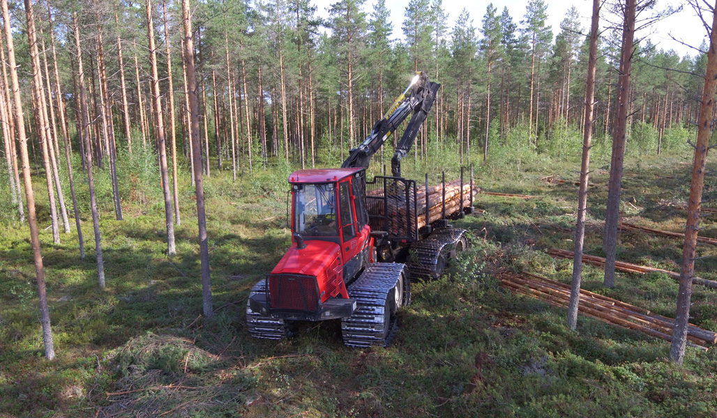 En avverkningsmaskin i torvmarksskog.