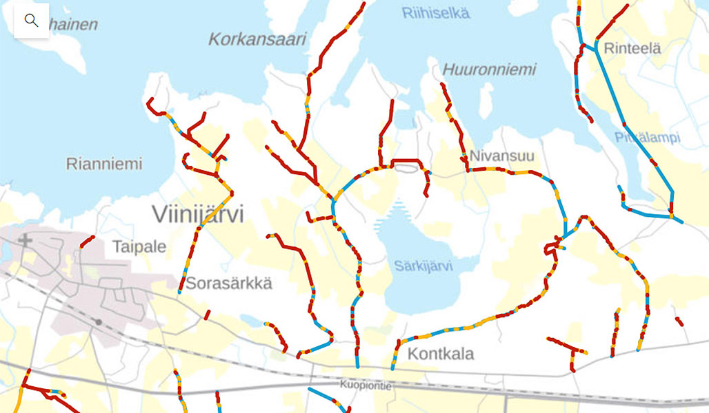 Vägavsnitt i bra skick visas med blått och avsnitt i dåligt skick visas med rött i karttjänsten.